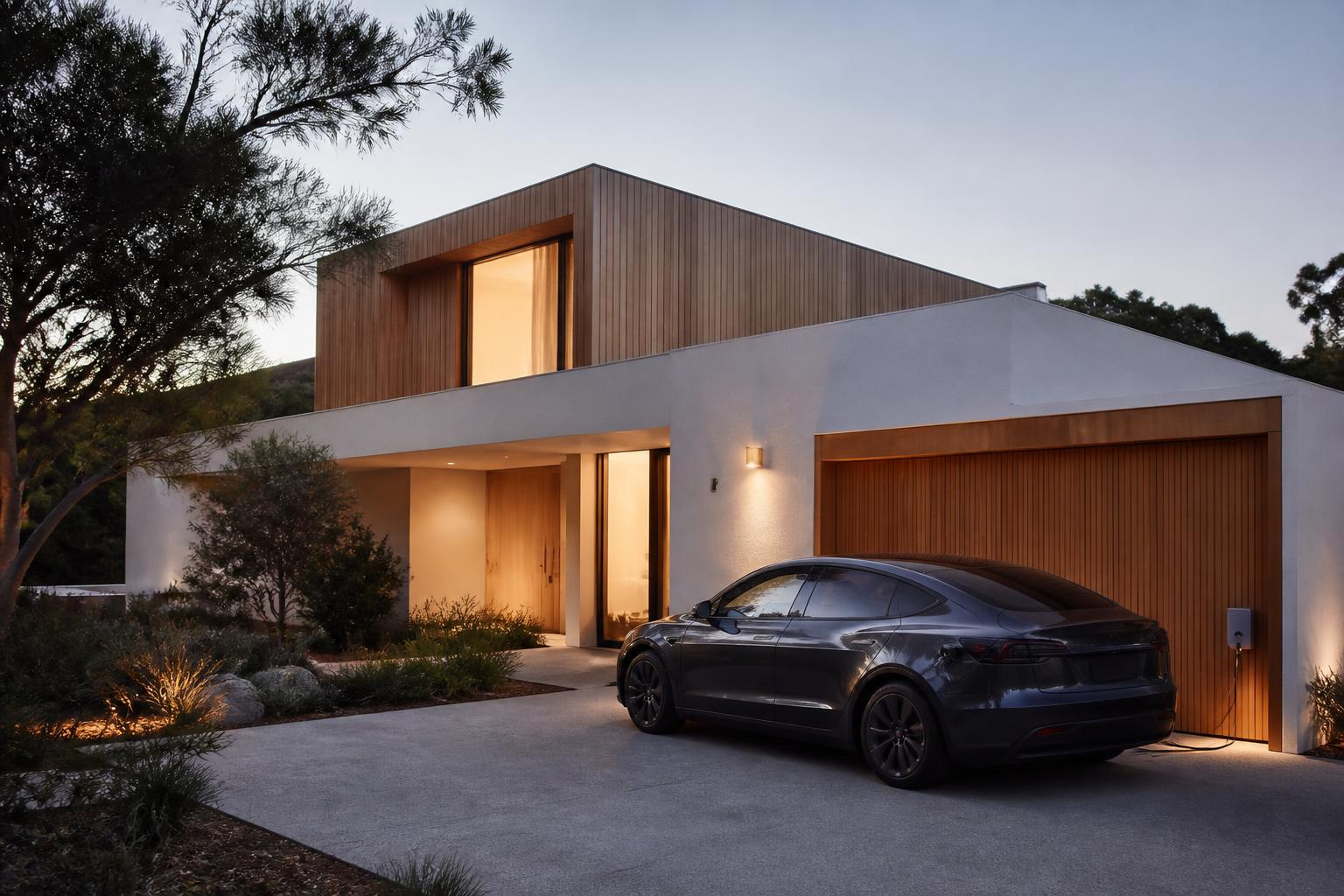 An electric car charging on the driveway of a modern Australian home